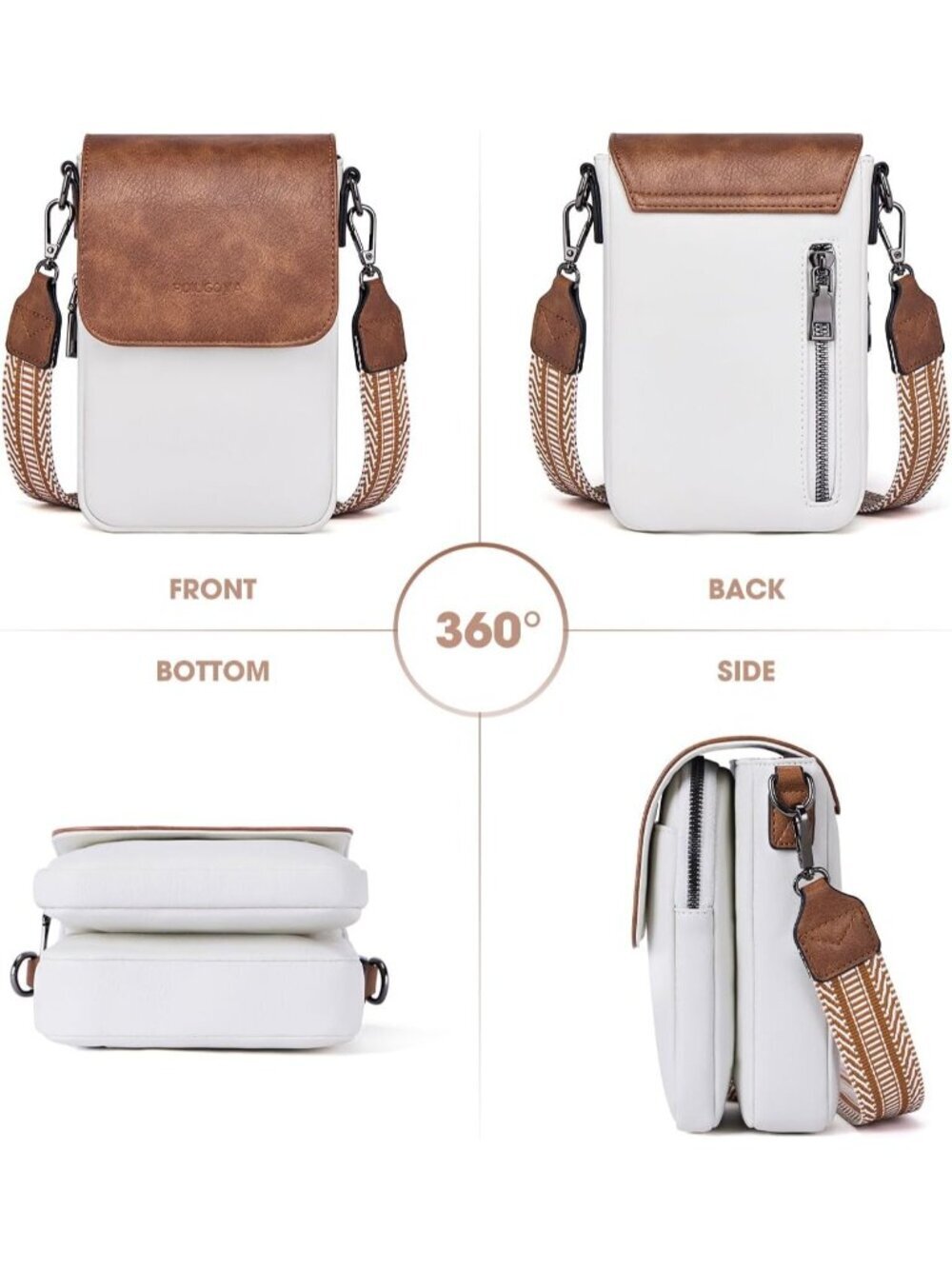 POIUGOYA Women's Beige Brown Leather Triple Compartment Cell Phone Crossbody Bag - Picture 3 of 6